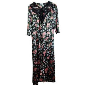 Vintage Vassarette‎ Women Long Night Gown Small Black Floral Satin Lace Yoke